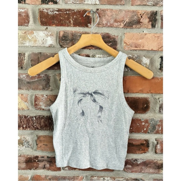 Hollister Grey Ribbed Bow Crop Tank Top - Picture 1 of 7